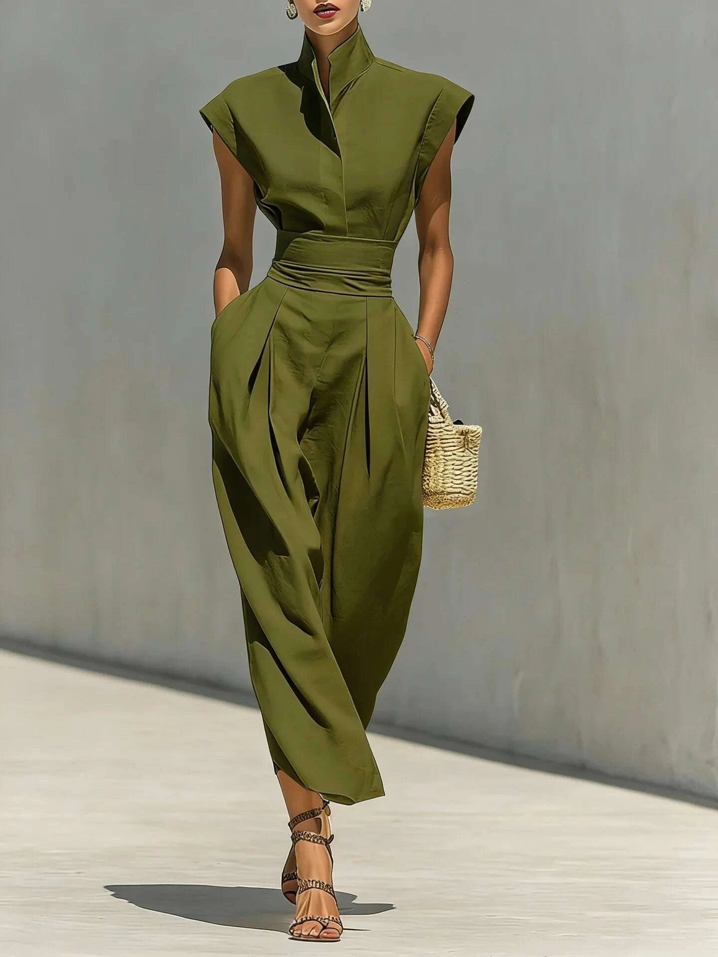 Dresses High Waist Pocket Polyester Sleeveless Midi Solid | KIMLUD