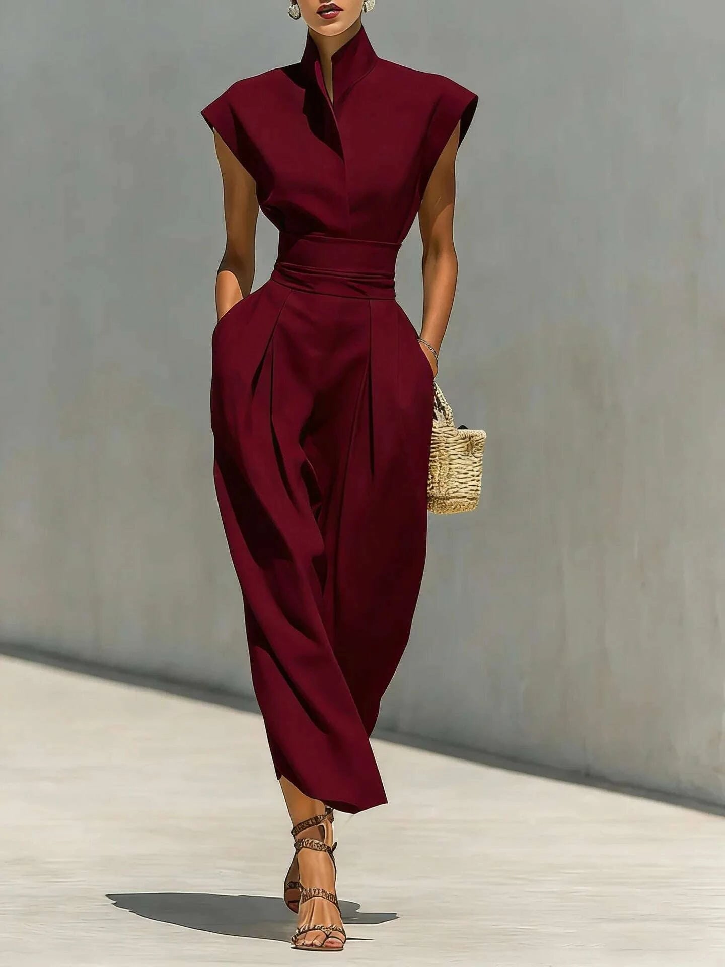 Dresses High Waist Pocket Polyester Sleeveless Midi Solid | KIMLUD