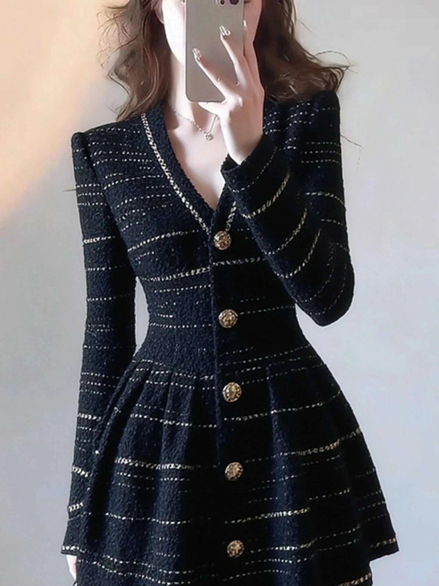 Dresses Knitted A Line Dress Button Polyester Fiber Black | KIMLUD