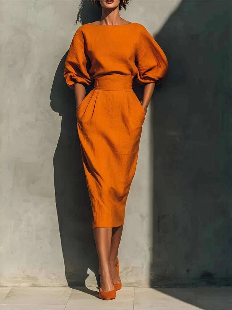 Dresses O-Neck Lantern Sleeve Pocket Midi Polyester Slim Solid | KIMLUD