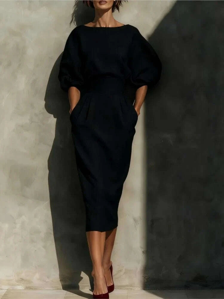 Dresses O-Neck Lantern Sleeve Pocket Midi Polyester Slim Solid | KIMLUD