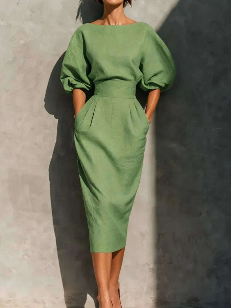 Dresses O-Neck Lantern Sleeve Pocket Midi Polyester Slim Solid | KIMLUD