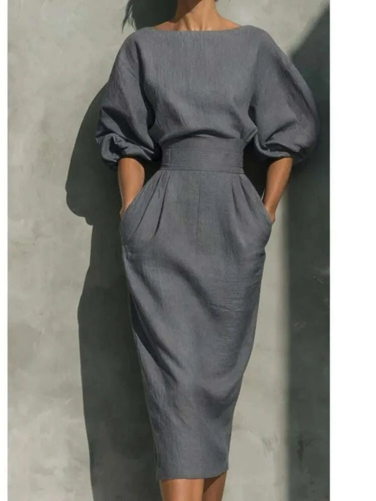 Dresses O-Neck Lantern Sleeve Pocket Midi Polyester Slim Solid | KIMLUD