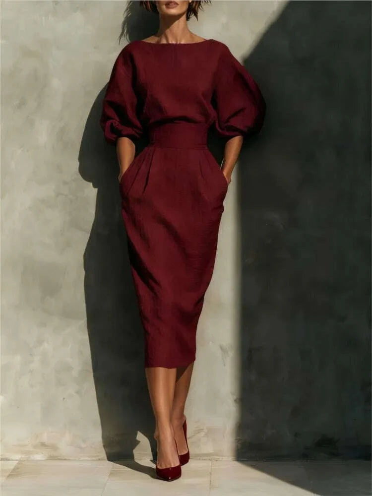 Dresses O-Neck Lantern Sleeve Pocket Midi Polyester Slim Solid | KIMLUD