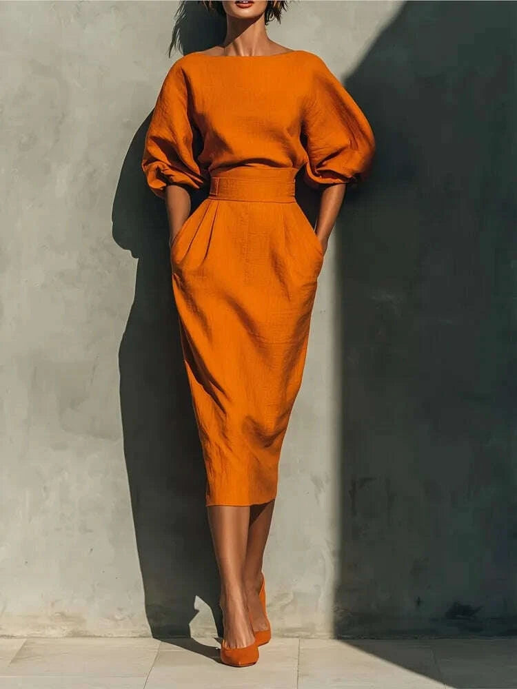 Dresses O-Neck Lantern Sleeve Pocket Midi Polyester Slim Solid | KIMLUD