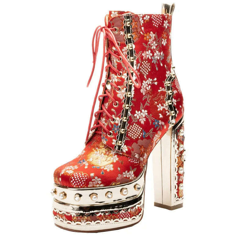 KIMLUD, Dropshipping New Luxury Brand Design Rivet Silk Motorcycle Boots Lace up Ultra High Heel Thick Sole Elevated Large Wedding Boots, Red / 35 / China, KIMLUD APPAREL - Womens Clothes