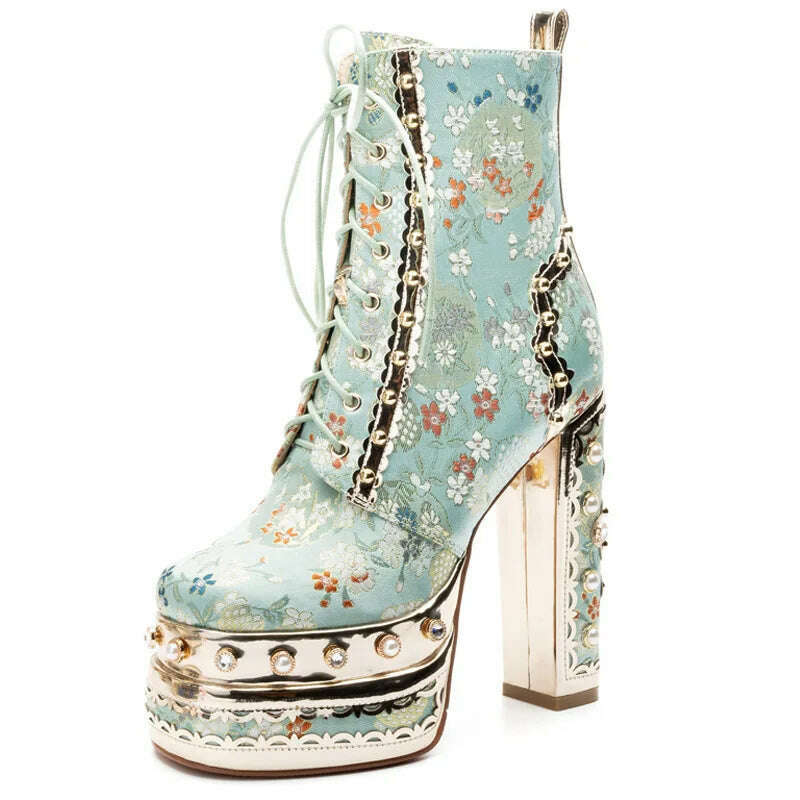 KIMLUD, Dropshipping New Luxury Brand Design Rivet Silk Motorcycle Boots Lace up Ultra High Heel Thick Sole Elevated Large Wedding Boots, Wathet / 35 / China, KIMLUD APPAREL - Womens Clothes