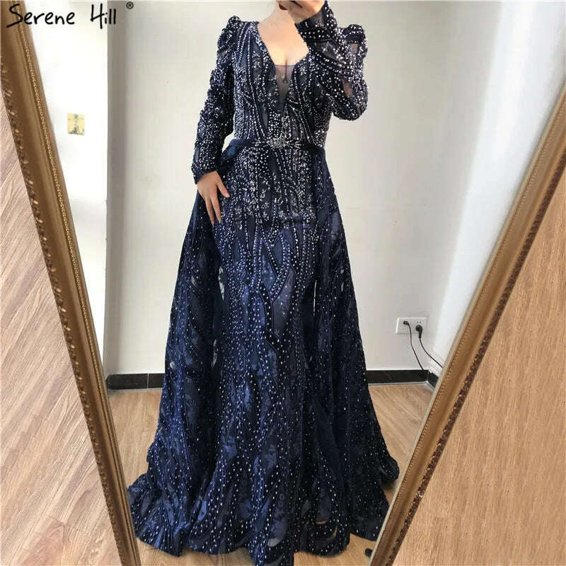 KIMLUD, Dubai Blue Deep-V Crystal Sexy Prom Dresses 2024 Long Sleeves Luxury Mermaid Prom Gowns Serene Hill Plus Size LA70223, navy blue / 14, KIMLUD APPAREL - Womens Clothes