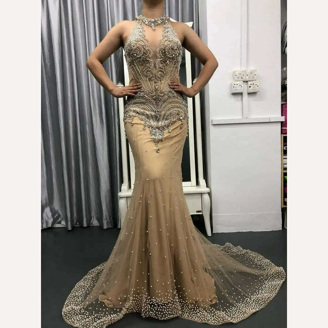 KIMLUD, Dubai High Neck Beads Mermaid Evening Dresses 2023 New Fashion Champagne Formal Dress Party Vestido De Festa Serene Hill BLA6558, gold / 10, KIMLUD APPAREL - Womens Clothes