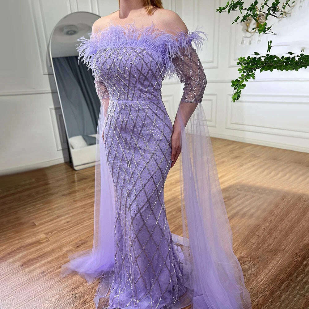 KIMLUD, Dubai turquoise Feathers Beaded Mermaid Elegant Strapless Evening Dresses Gown 2023 For Women Wedding Party BLA72169 Serene Hill, lilac / 2, KIMLUD Womens Clothes