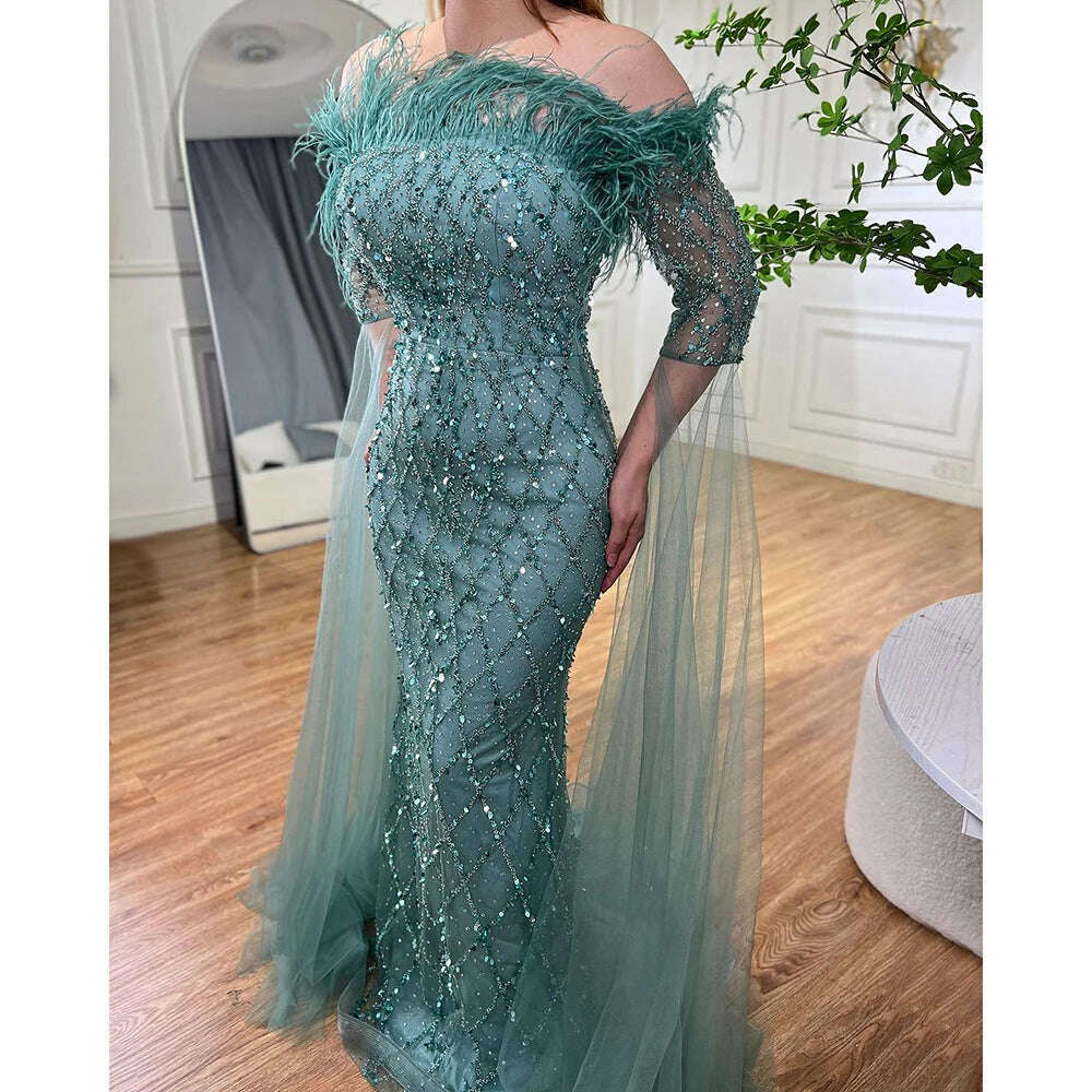 KIMLUD, Dubai turquoise Feathers Beaded Mermaid Elegant Strapless Evening Dresses Gown 2023 For Women Wedding Party BLA72169 Serene Hill, KIMLUD Womens Clothes