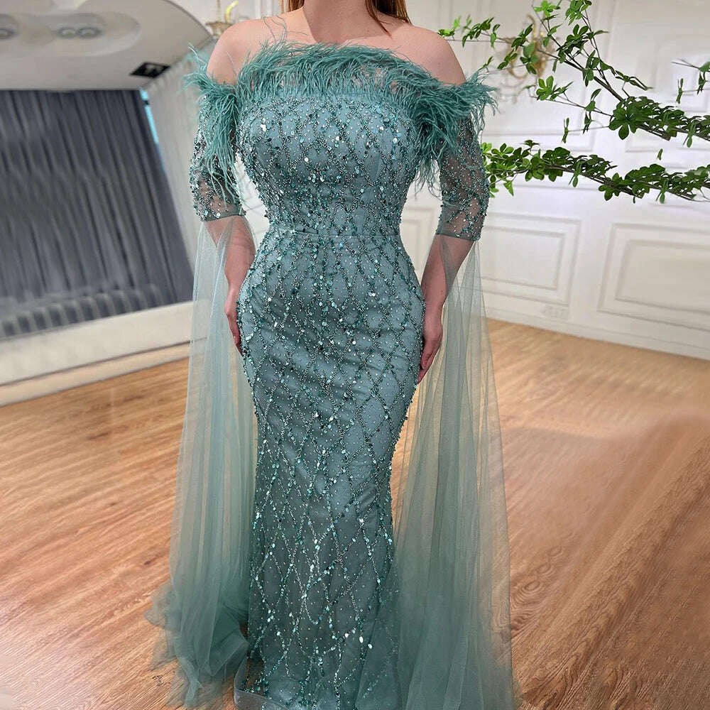 KIMLUD, Dubai turquoise Feathers Beaded Mermaid Elegant Strapless Evening Dresses Gown 2023 For Women Wedding Party BLA72169 Serene Hill, turquoise / 2, KIMLUD APPAREL - Womens Clothes