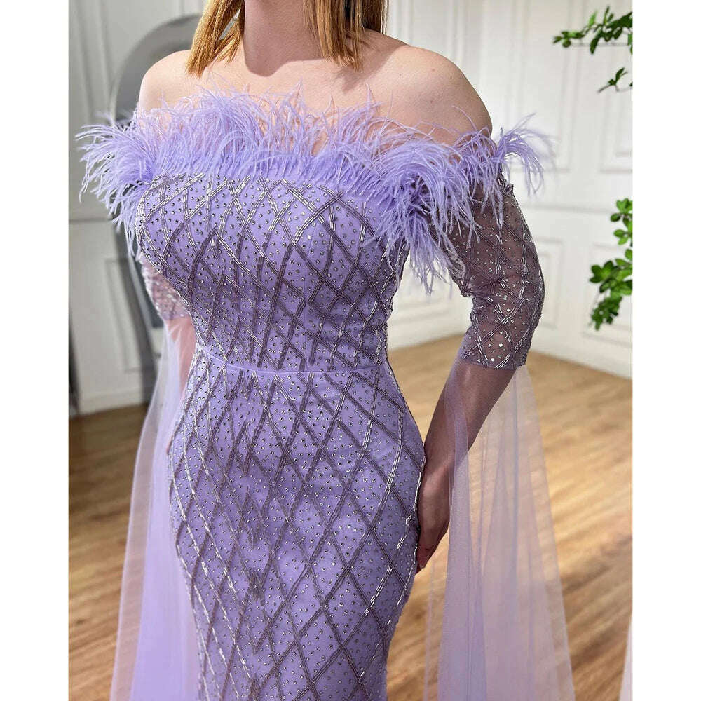 KIMLUD, Dubai turquoise Feathers Beaded Mermaid Elegant Strapless Evening Dresses Gown 2023 For Women Wedding Party BLA72169 Serene Hill, KIMLUD Womens Clothes