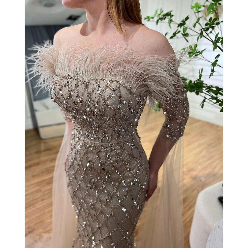 KIMLUD, Dubai turquoise Feathers Beaded Mermaid Elegant Strapless Evening Dresses Gown 2023 For Women Wedding Party BLA72169 Serene Hill, KIMLUD Womens Clothes