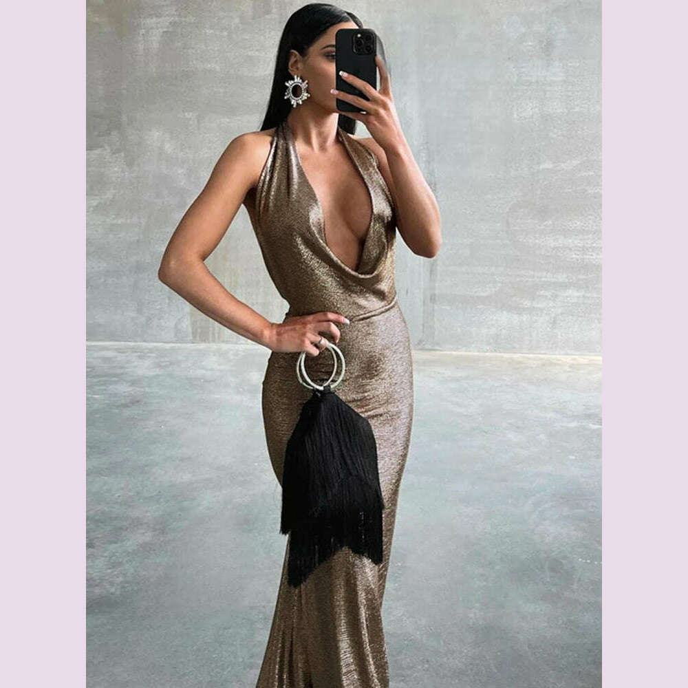 Dulzura Bling Glitter Women Halter Maxi Dress V Neck Backless Long Dress Party Evening Birthday Clothes Elegant Prom Outfit - KIMLUD