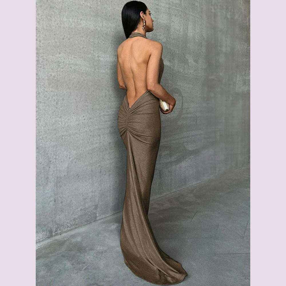 Dulzura Bling Glitter Women Halter Maxi Dress V Neck Backless Long Dress Party Evening Birthday Clothes Elegant Prom Outfit - KIMLUD