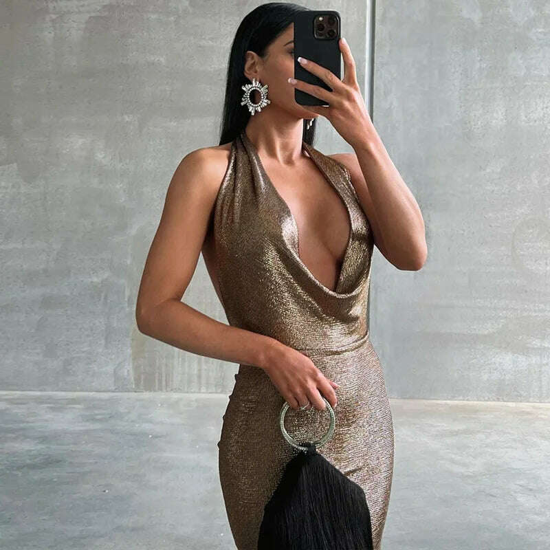 Dulzura Bling Glitter Women Halter Maxi Dress V Neck Backless Long Dress Party Evening Birthday Clothes Elegant Prom Outfit - KIMLUD