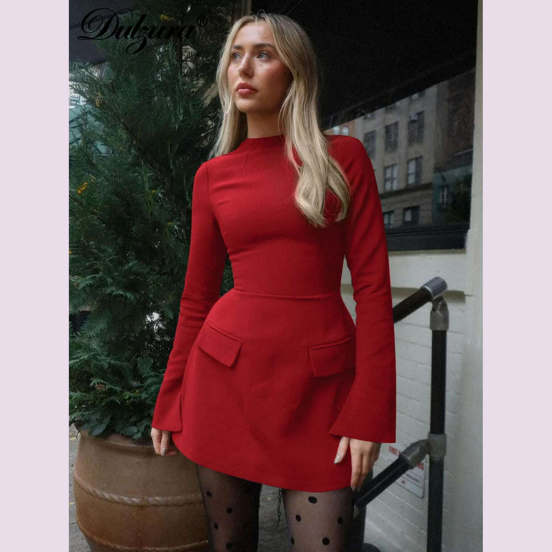 KIMLUD, Dulzura Long Sleeves Zipper Bodycon Mini Dress With Pocket Solid Elegant Outfit Office Streetwear Women’S Autumn Winter Clothes, KIMLUD Womens Clothes