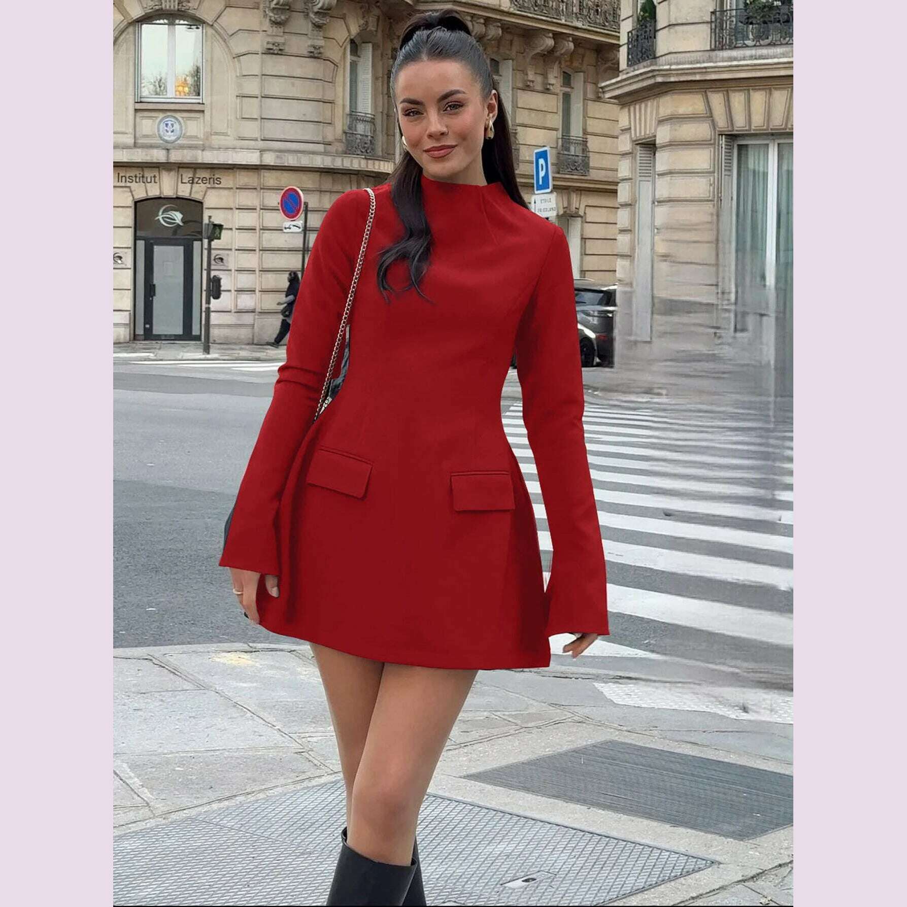 KIMLUD, Dulzura Long Sleeves Zipper Bodycon Mini Dress With Pocket Solid Elegant Outfit Office Streetwear Women’S Autumn Winter Clothes, KIMLUD Womens Clothes