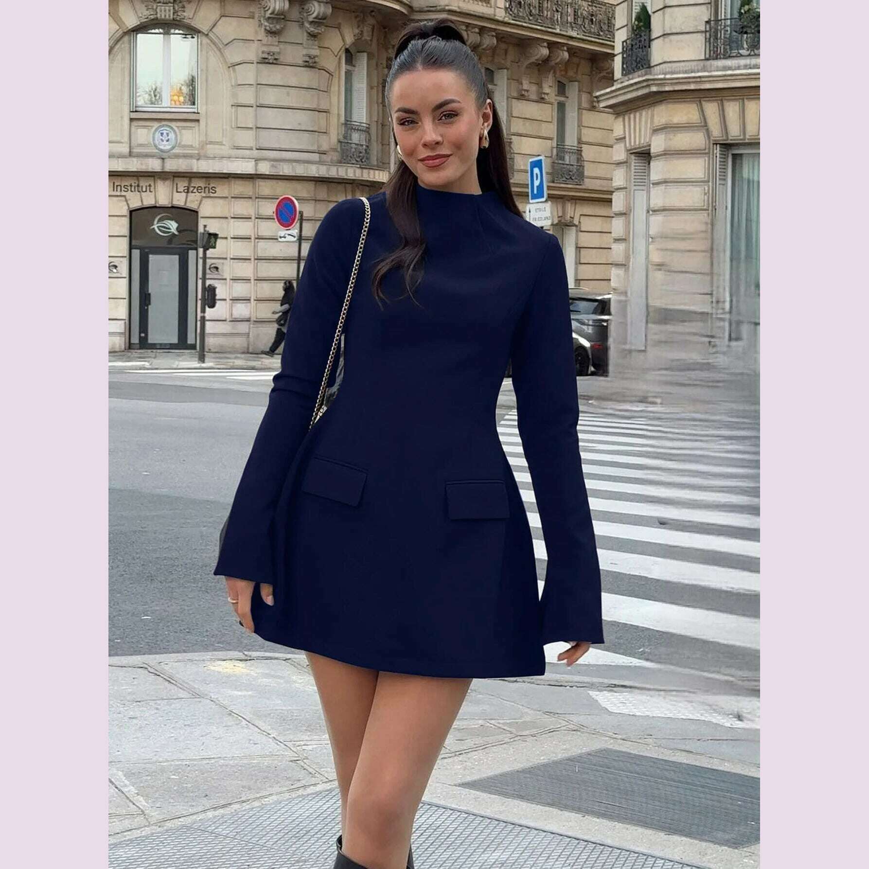 KIMLUD, Dulzura Long Sleeves Zipper Bodycon Mini Dress With Pocket Solid Elegant Outfit Office Streetwear Women’S Autumn Winter Clothes, KIMLUD Womens Clothes