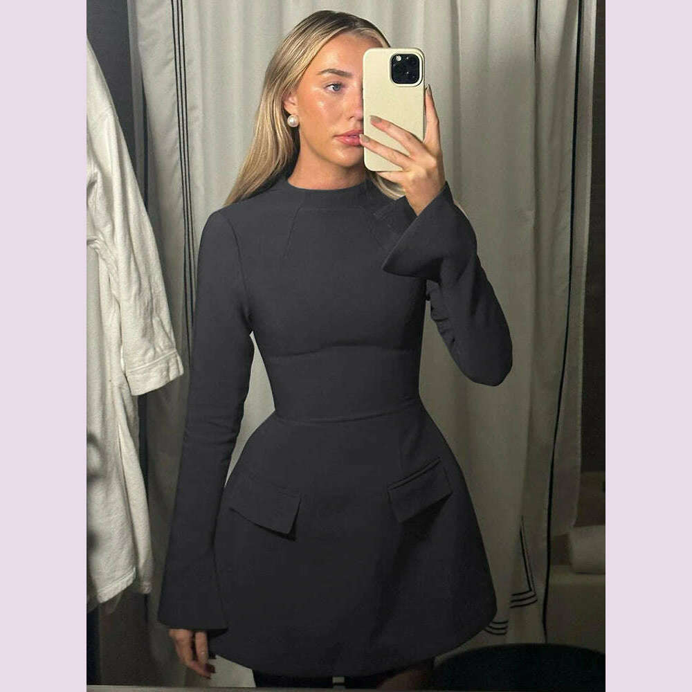 KIMLUD, Dulzura Long Sleeves Zipper Bodycon Mini Dress With Pocket Solid Elegant Outfit Office Streetwear Women’S Autumn Winter Clothes, KIMLUD Womens Clothes