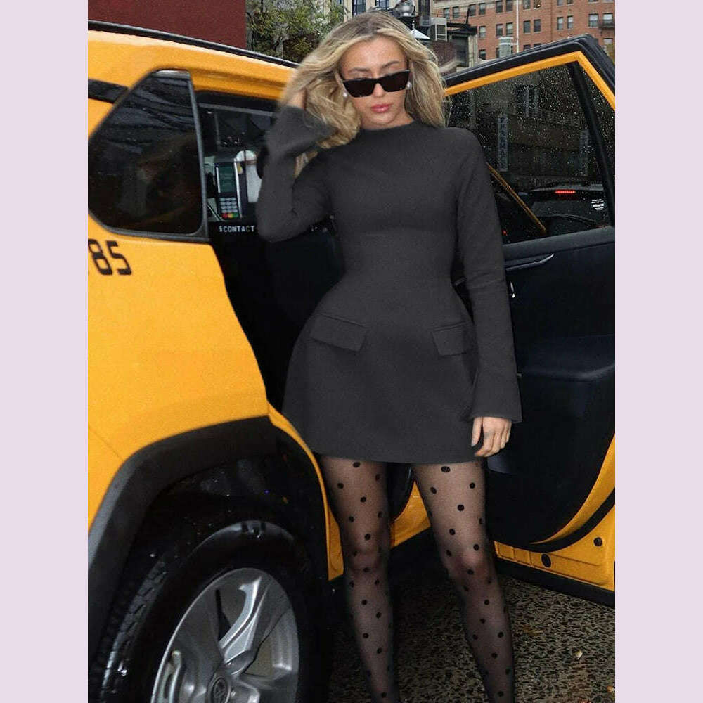 KIMLUD, Dulzura Long Sleeves Zipper Bodycon Mini Dress With Pocket Solid Elegant Outfit Office Streetwear Women’S Autumn Winter Clothes, KIMLUD Womens Clothes