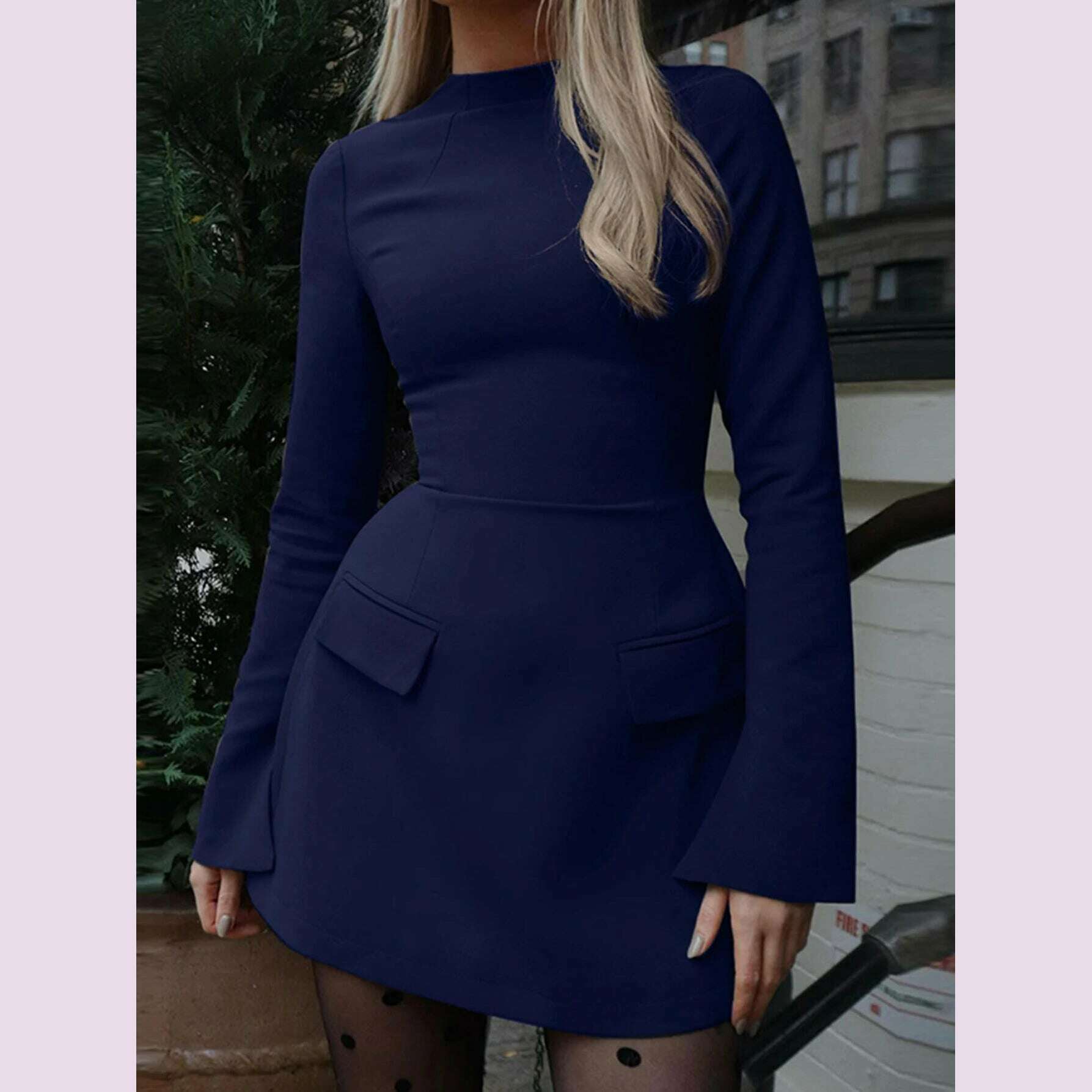 KIMLUD, Dulzura Long Sleeves Zipper Bodycon Mini Dress With Pocket Solid Elegant Outfit Office Streetwear Women’S Autumn Winter Clothes, Navy Blue / S, KIMLUD APPAREL - Womens Clothes