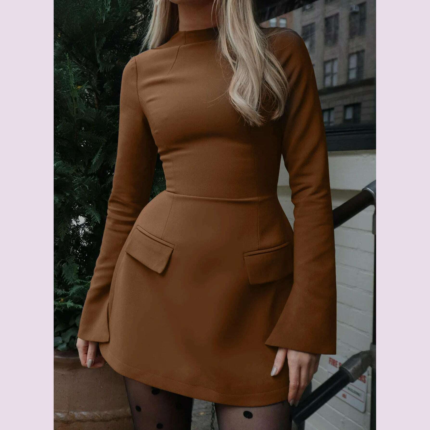 KIMLUD, Dulzura Long Sleeves Zipper Bodycon Mini Dress With Pocket Solid Elegant Outfit Office Streetwear Women’S Autumn Winter Clothes, Brown / M, KIMLUD APPAREL - Womens Clothes