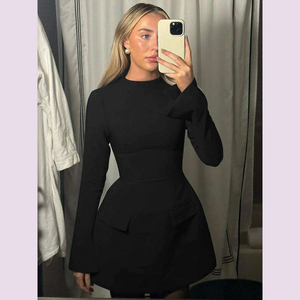 KIMLUD, Dulzura Long Sleeves Zipper Bodycon Mini Dress With Pocket Solid Elegant Outfit Office Streetwear Women’S Autumn Winter Clothes, black / S, KIMLUD APPAREL - Womens Clothes