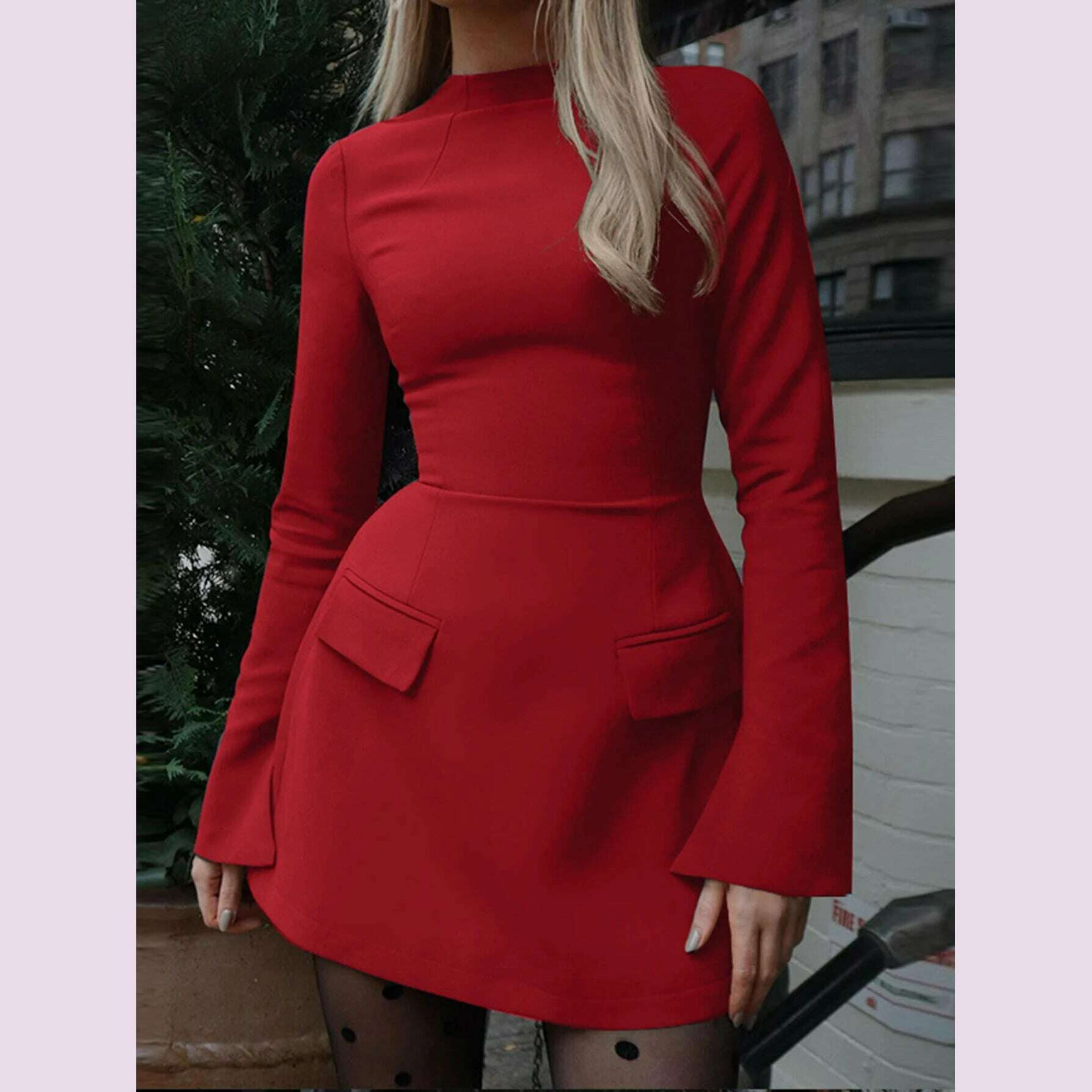 KIMLUD, Dulzura Long Sleeves Zipper Bodycon Mini Dress With Pocket Solid Elegant Outfit Office Streetwear Women’S Autumn Winter Clothes, Red / L, KIMLUD APPAREL - Womens Clothes