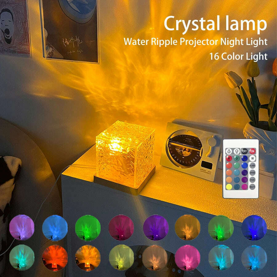 KIMLUD, Dynamic Rotating Water Ripple Projector Night Light 16 Colors Flame Crystal Lamp for Living Room Study Bedroom Dynamic Rotating, KIMLUD Womens Clothes