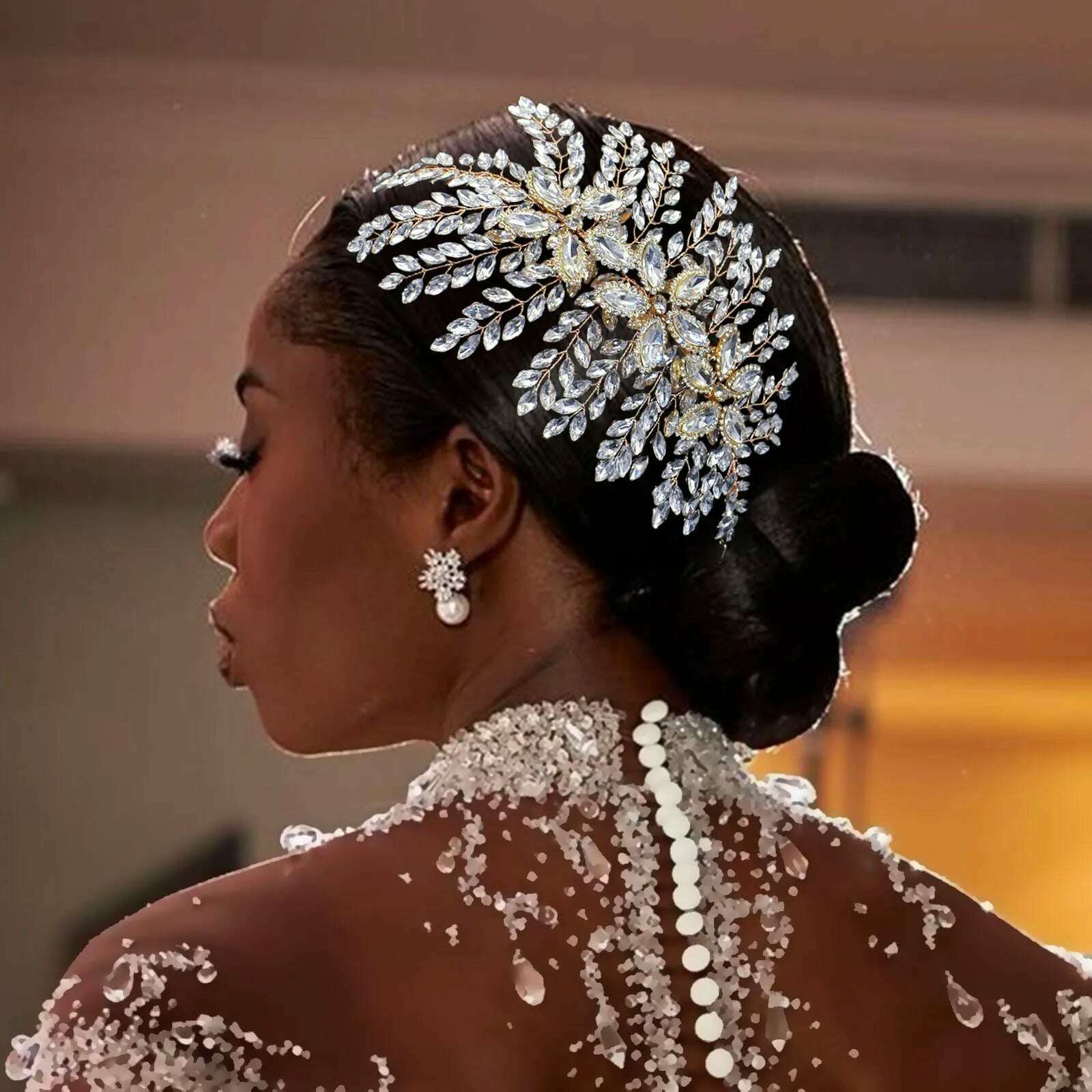 KIMLUD, DZ012 Champagne Crystal Headband Tiara For Women Rhinestone Hairband Pageant Party Headdress Wedding Hair Accessories Jewelry, KIMLUD Womens Clothes