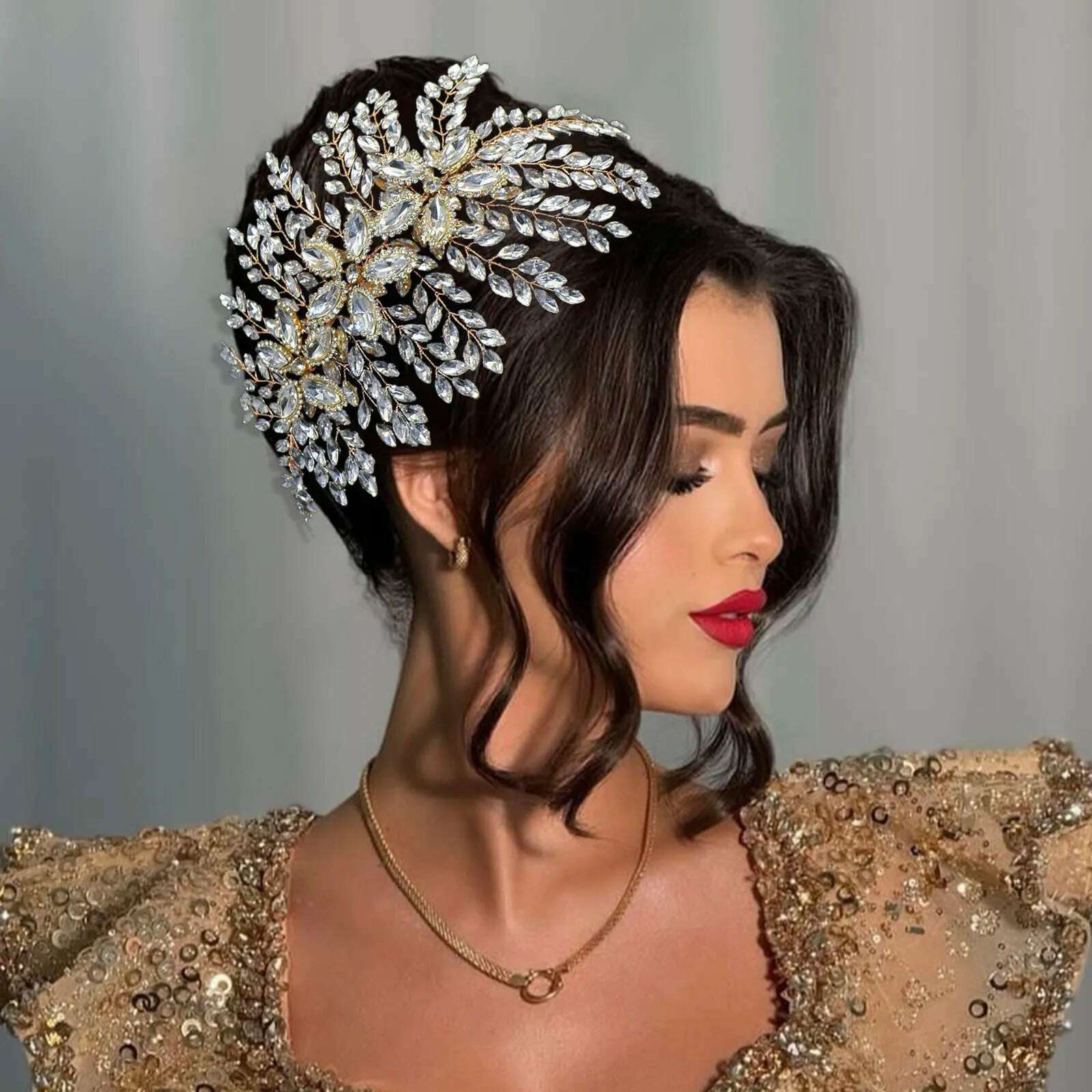 KIMLUD, DZ012 Champagne Crystal Headband Tiara For Women Rhinestone Hairband Pageant Party Headdress Wedding Hair Accessories Jewelry, KIMLUD Womens Clothes