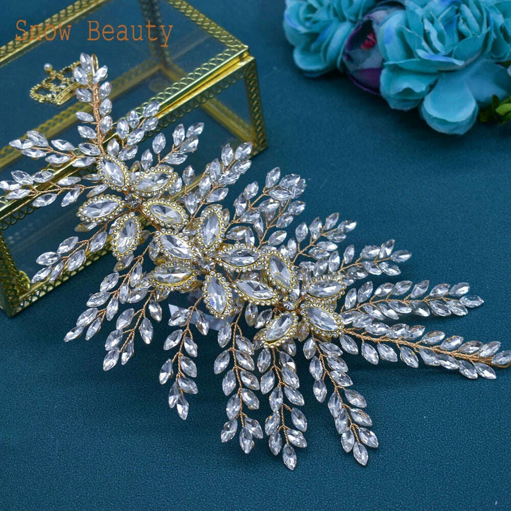 KIMLUD, DZ012 Champagne Crystal Headband Tiara For Women Rhinestone Hairband Pageant Party Headdress Wedding Hair Accessories Jewelry, DZ012-Golden, KIMLUD APPAREL - Womens Clothes