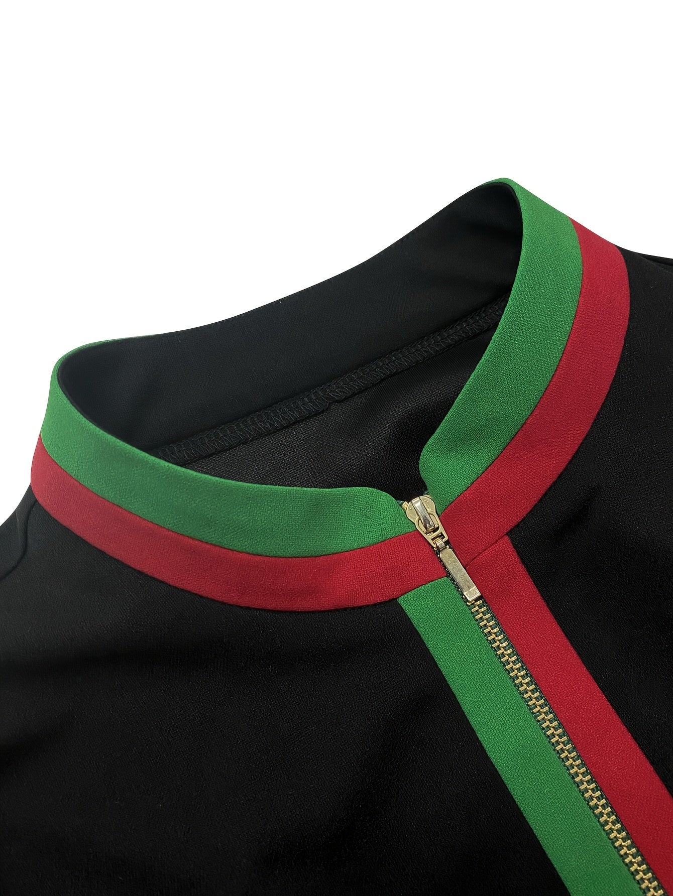 Elegant Color Block Long Sleeve Bodycon Dress with Stand Collar - High-Waisted, Stretchy Polyester Blend, Perfect for Spring/Fall, Black & Green/Red Accents, Women'S Fashion, Autumn Fashion | Color Block Dress | Polyester Ble