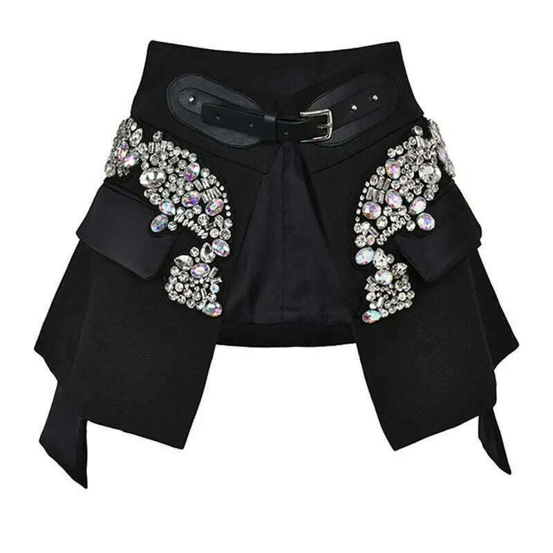 KIMLUD, EAM Black Irregular Rhinestones Belted Mini Half-body Skirt High Waist Women Fashion Tide New Spring Autumn 2024 JY75801, black rhinestones / XL, KIMLUD Womens Clothes