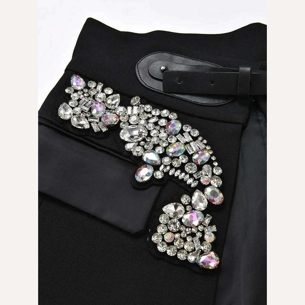 KIMLUD, EAM Black Irregular Rhinestones Belted Mini Half-body Skirt High Waist Women Fashion Tide New Spring Autumn 2024 JY75801, KIMLUD Womens Clothes