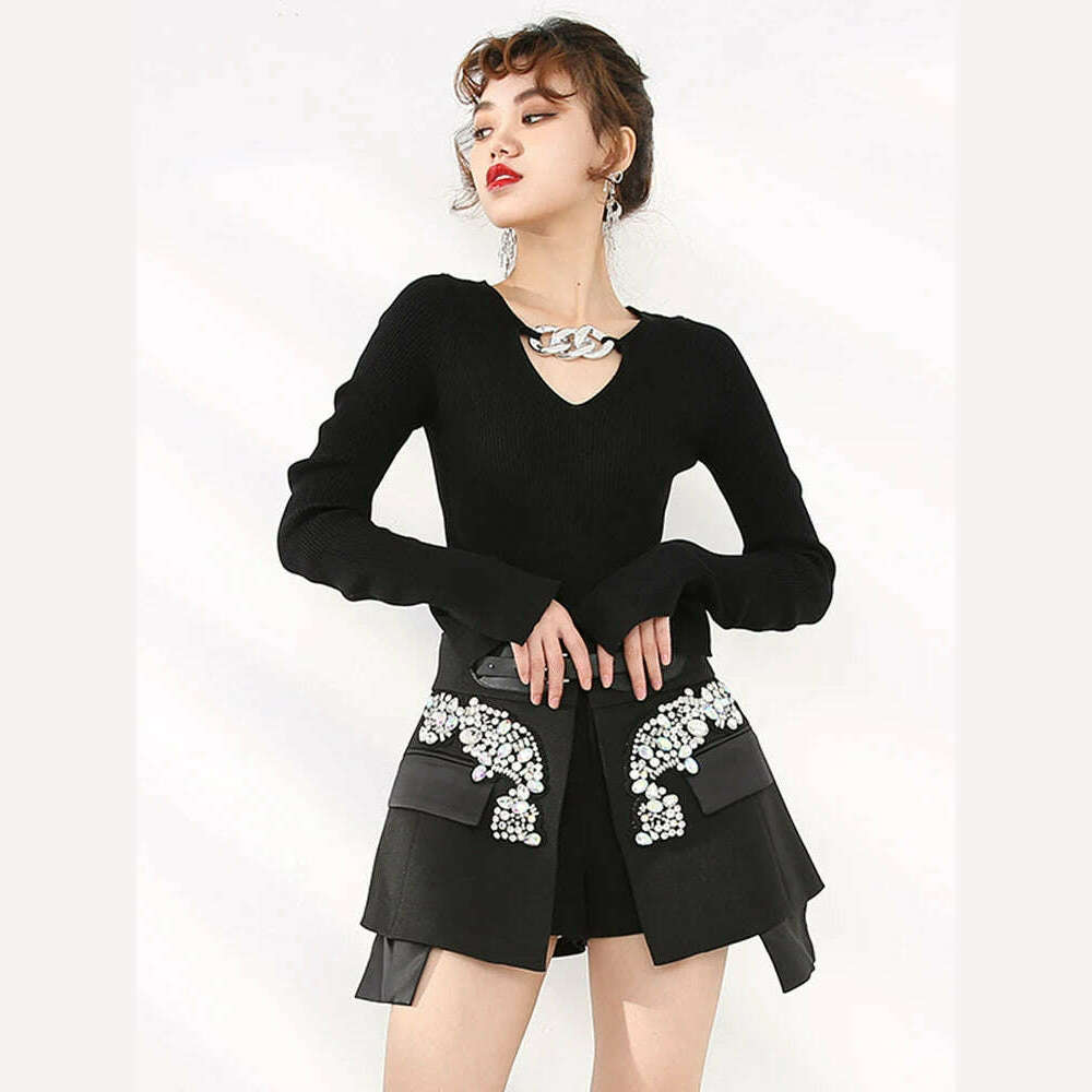KIMLUD, Cotton Jersey Skirt High Waist Rhinestones Irregular Hem Contoured Silhouette — Black | KIMLUD, KIMLUD Womens Clothes