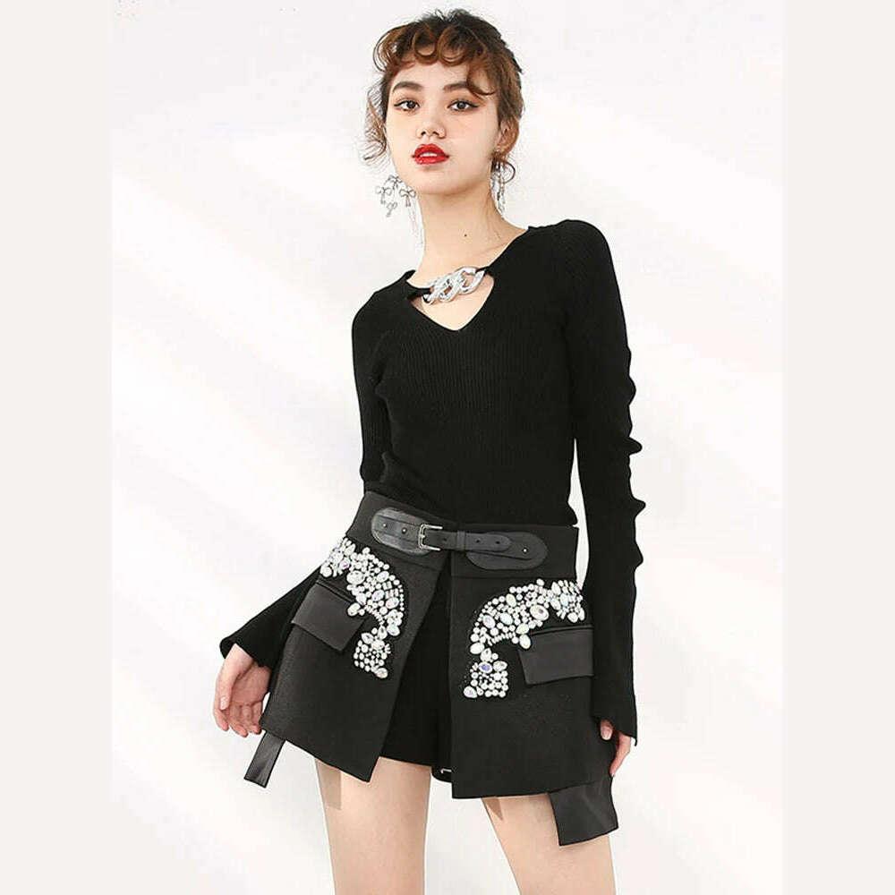 KIMLUD, Cotton Jersey Skirt High Waist Rhinestones Irregular Hem Contoured Silhouette — Black | KIMLUD, KIMLUD Womens Clothes