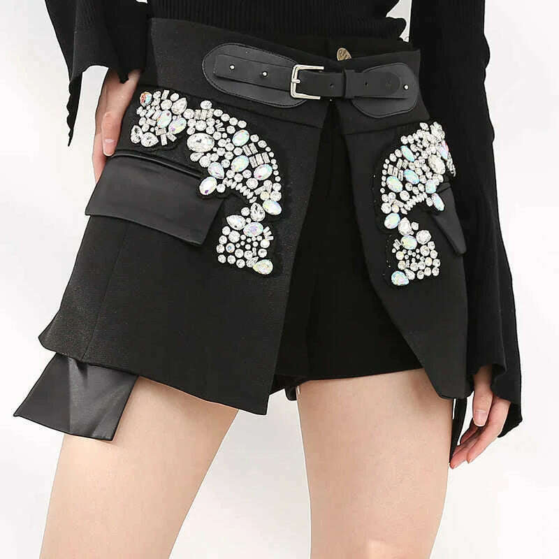 KIMLUD, Cotton Jersey Skirt High Waist Rhinestones Irregular Hem Contoured Silhouette — Black | KIMLUD, KIMLUD Womens Clothes