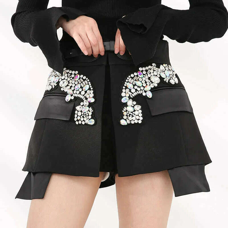 KIMLUD, Cotton Jersey Skirt High Waist Rhinestones Irregular Hem Contoured Silhouette — Black | KIMLUD, KIMLUD Womens Clothes