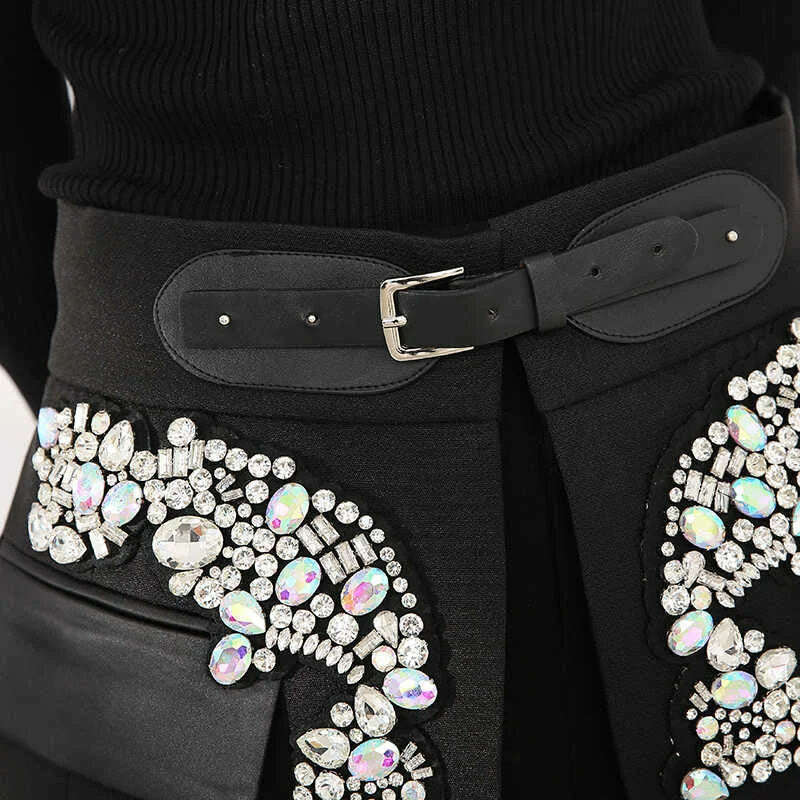 KIMLUD, Cotton Jersey Skirt High Waist Rhinestones Irregular Hem Contoured Silhouette — Black | KIMLUD, KIMLUD Womens Clothes