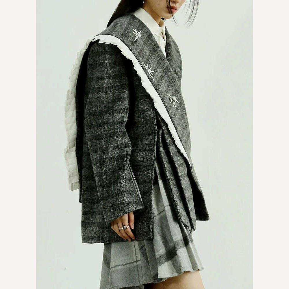 KIMLUD, Woolen Plaid Coat Parka Loose Fit Longline — Gray | KIMLUD, KIMLUD Womens Clothes