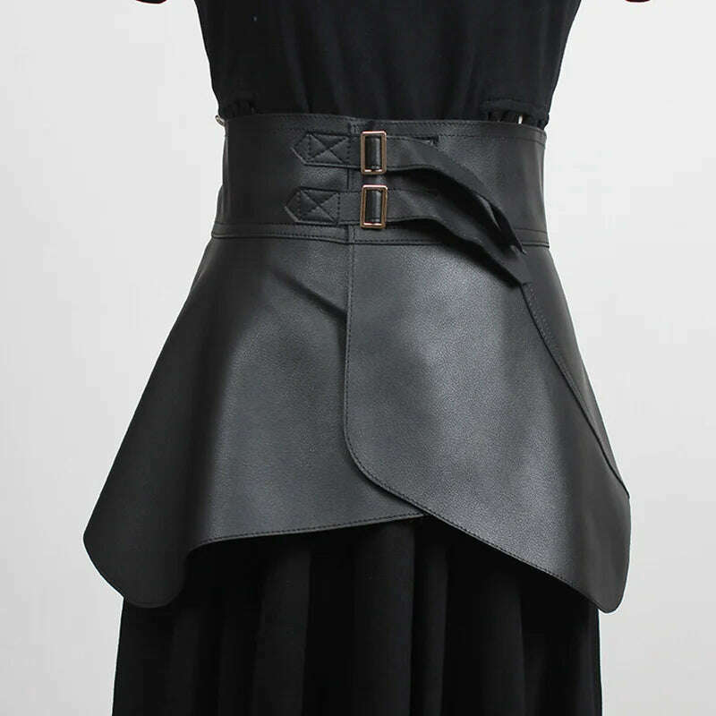 KIMLUD, PU Leather Wide Belt Retro Ruffles Irregular — Black | KIMLUD, KIMLUD Womens Clothes