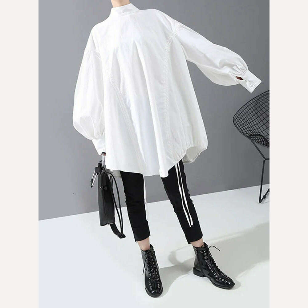 KIMLUD, [EAM] Women Back Long Drawstring Big Size Blouse New Satnd Collar Long Sleeve Loose Fit Shirt Fashion Spring Autumn 2024 1N242, KIMLUD Womens Clothes