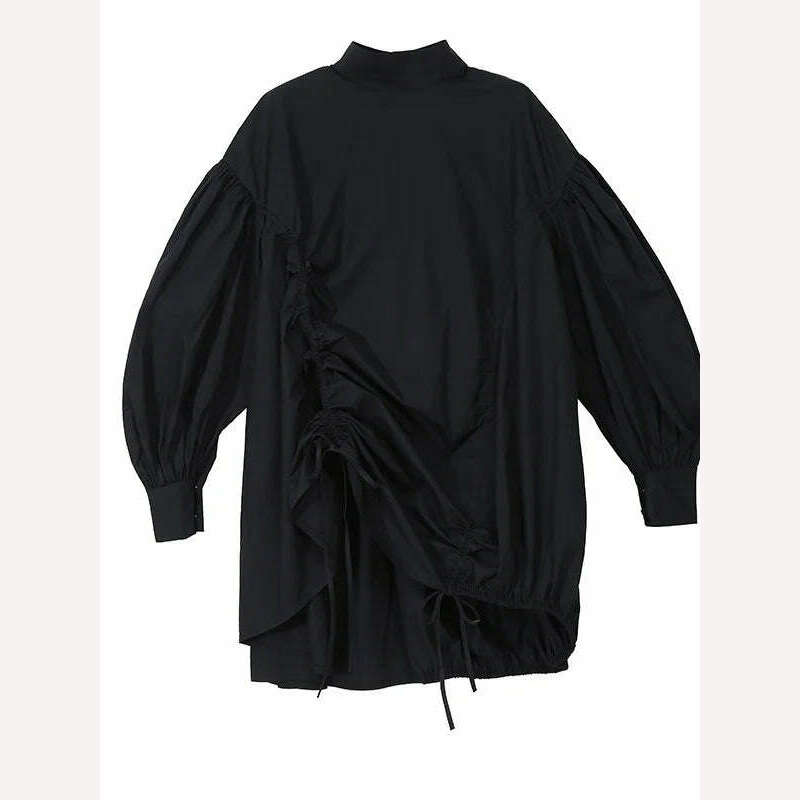 KIMLUD, [EAM] Women Back Long Drawstring Big Size Blouse New Satnd Collar Long Sleeve Loose Fit Shirt Fashion Spring Autumn 2024 1N242, black / One Size, KIMLUD Womens Clothes