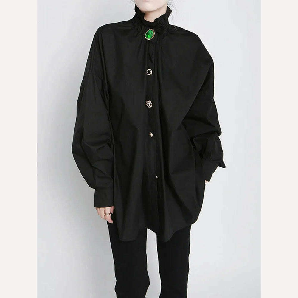 KIMLUD, Jersey Blouse Button-Detail Long Sleeve Stand Collar — Black | KIMLUD, KIMLUD Womens Clothes