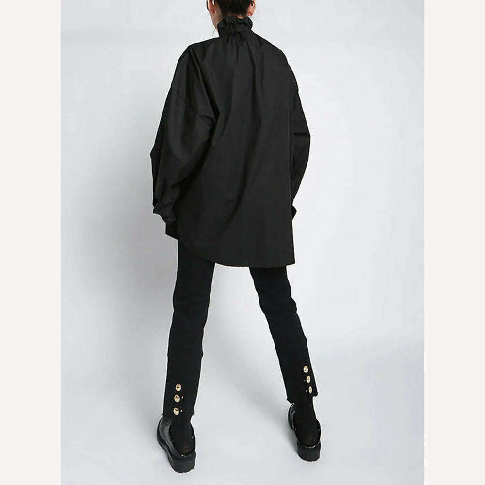 KIMLUD, Jersey Blouse Button-Detail Long Sleeve Stand Collar — Black | KIMLUD, KIMLUD Womens Clothes