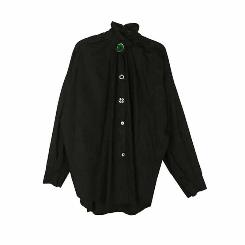 KIMLUD, Jersey Blouse Button-Detail Long Sleeve Stand Collar — Black | KIMLUD, KIMLUD Womens Clothes