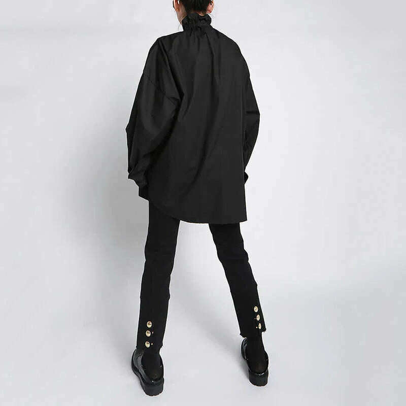 KIMLUD, Jersey Blouse Button-Detail Long Sleeve Stand Collar — Black | KIMLUD, KIMLUD Womens Clothes